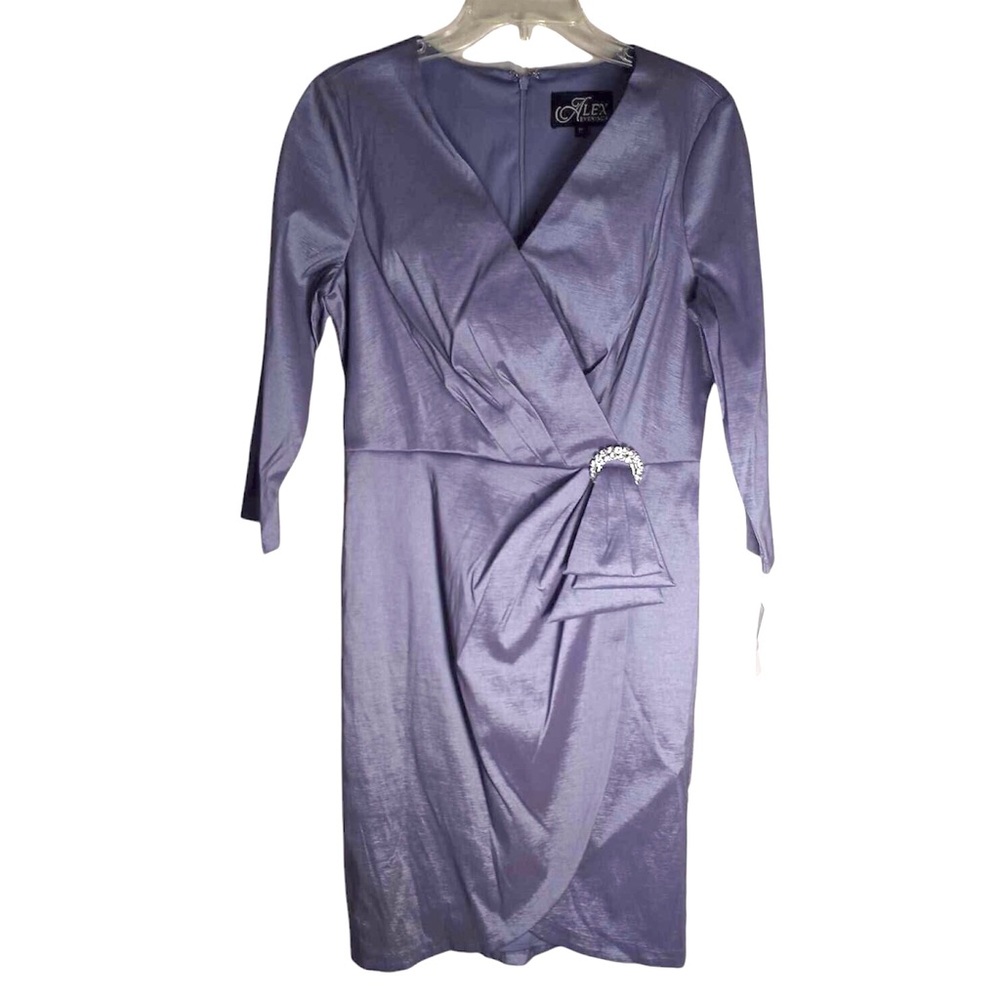 Alex Evening Cocktail Dress Lavender Faux Wrap Stretch Satin Sheath Size 10 - Picture 2 of 8